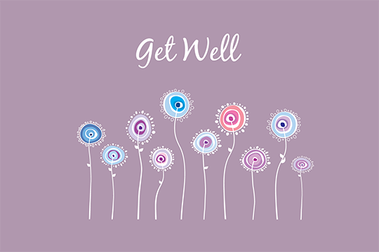 purple "Get well soon card" with colorfully illustrated flowers