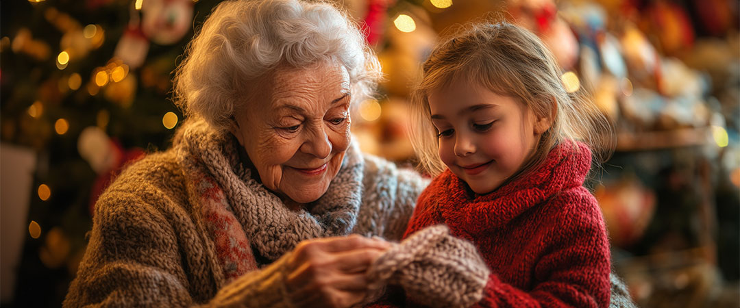 An elderly woman with her granddaughter in front of a christmas tree looking at a gift.